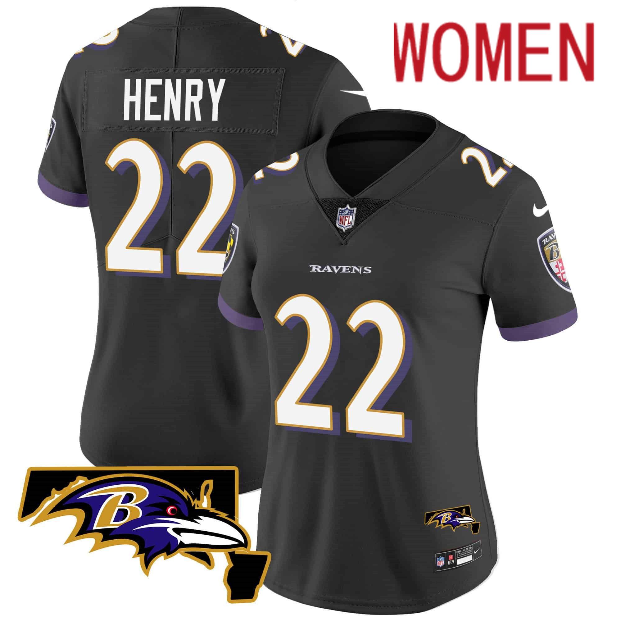 Women Baltimore Ravens 22 Henry Black 2024 Nike Maryland Patch Vapor Limited NFL Jersey style 1